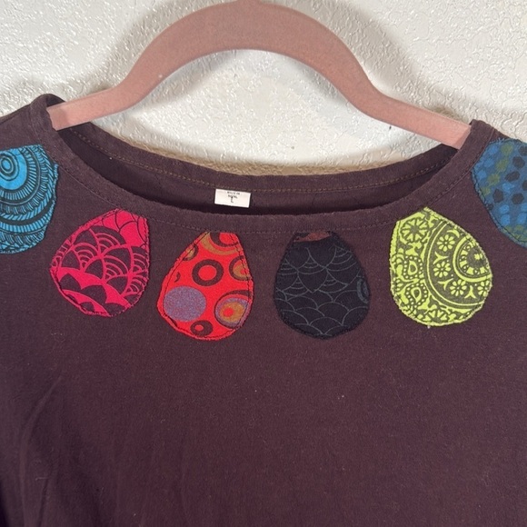 Nepal Brown Patchwork Flowers Pockets Bubble Hem Style Tunic Size Large - Picture 3 of 7